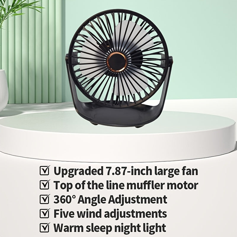 Introducing the JKUOO 2025 Upgraded Mini Portable Table Fan. This fan features 5 adjustable speeds and a convenient night light that can be adjusted to your liking. The durable motor ensures quiet operation while the USB rechargeable 1200mAh lithium