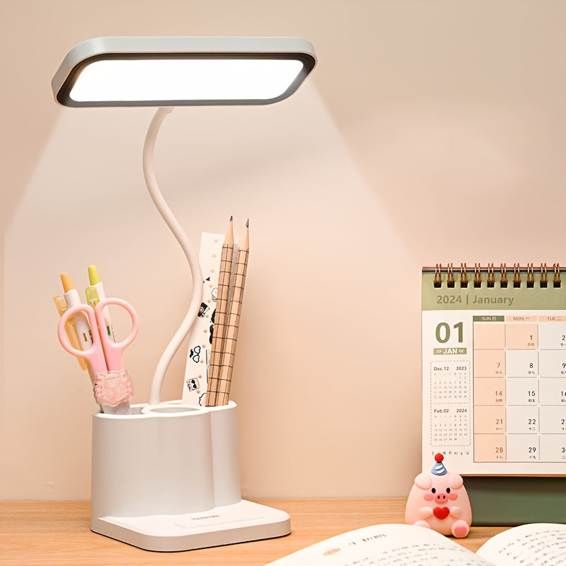 LED desk lamp with touch control, adjustable gooseneck, rechargeable battery, dual power mode, pen holder, for home office, dorm, reading, learning.