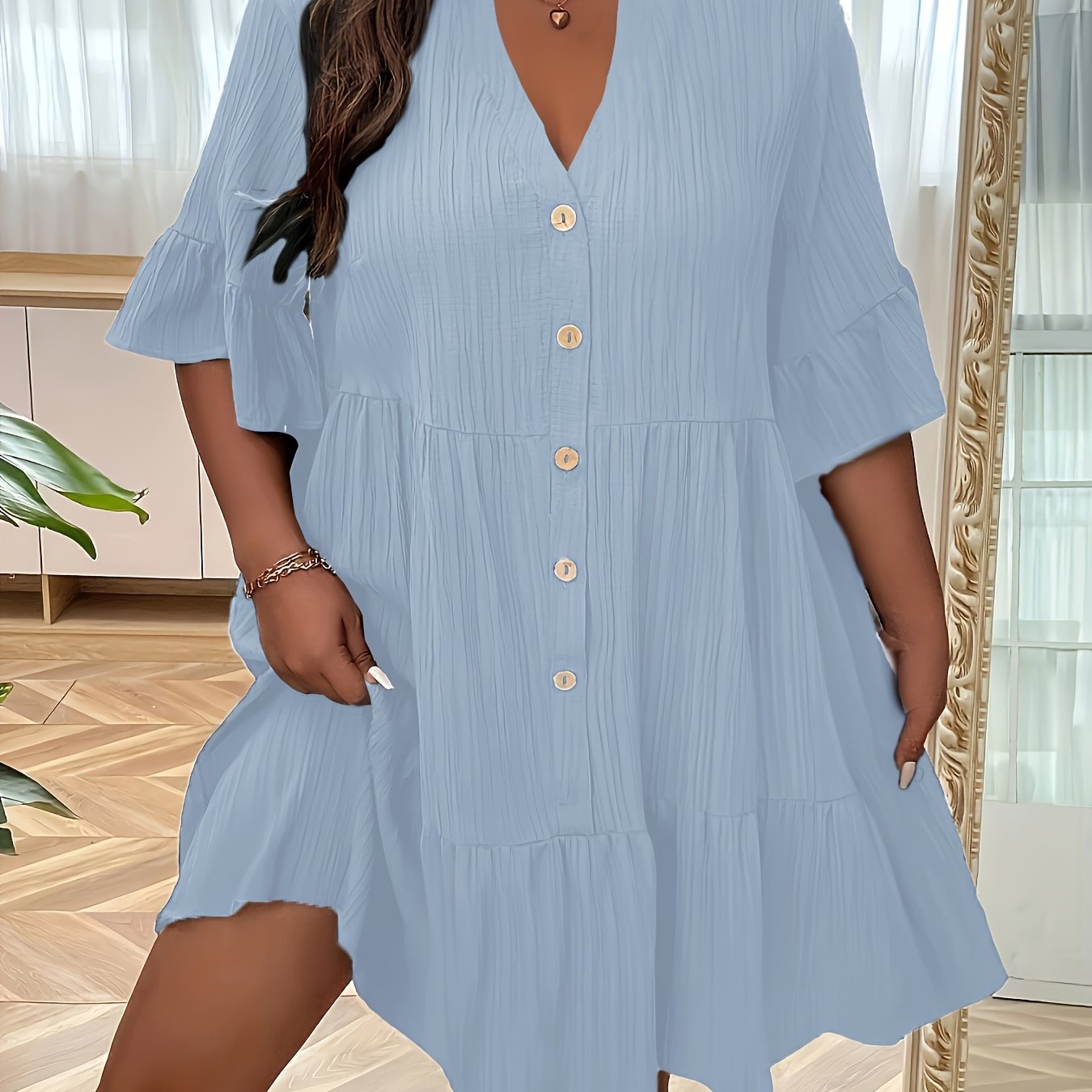 Ruched Button Front Plus Size Dress with Ruffle Cuff Sleeves for Spring and Summer Events