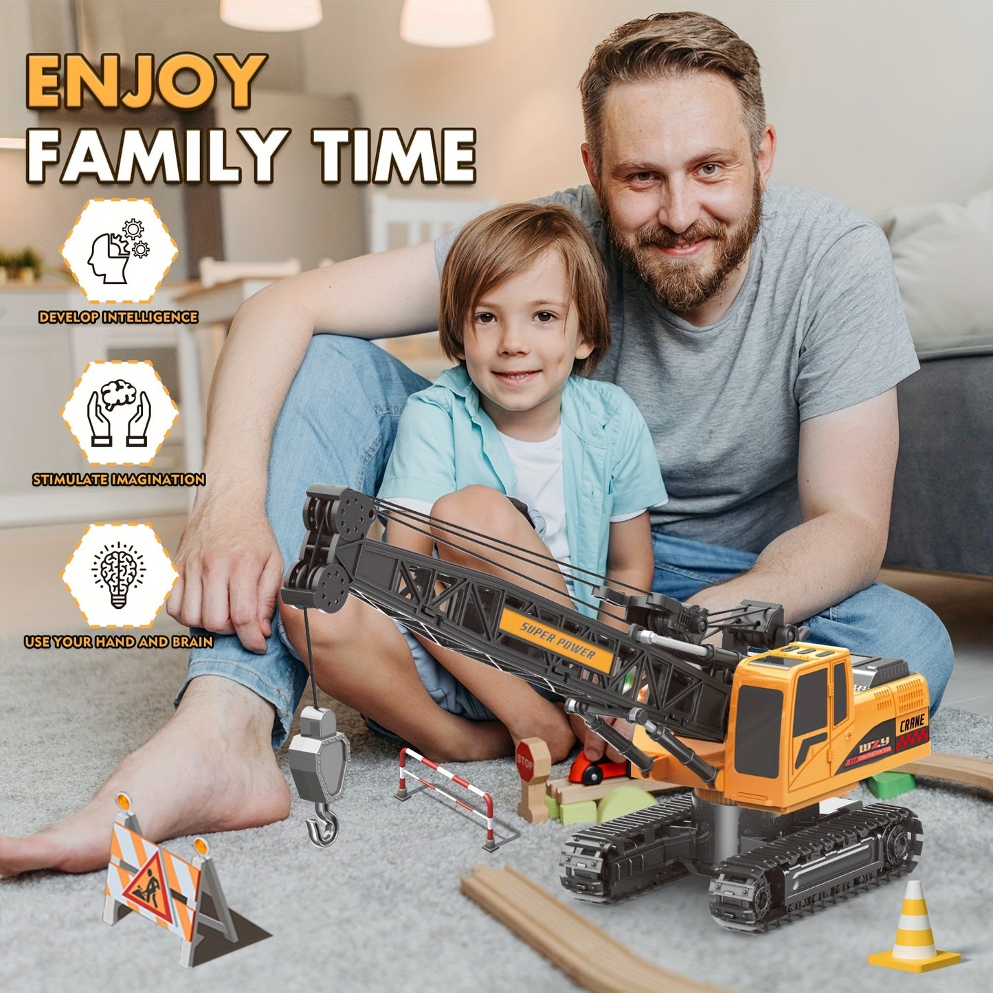 FUUY 2.4Ghz RC Crane with Lights & Sounds is a yellow, 360° rotating toy with 8-channel remote control and USB rechargeable battery. Ideal birthday gift for youngsters.