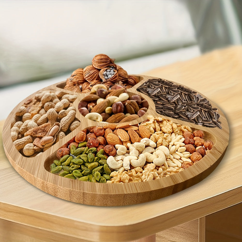 Stylish round bamboo tray for serving snacks and fruits in the kitchen or dining room.