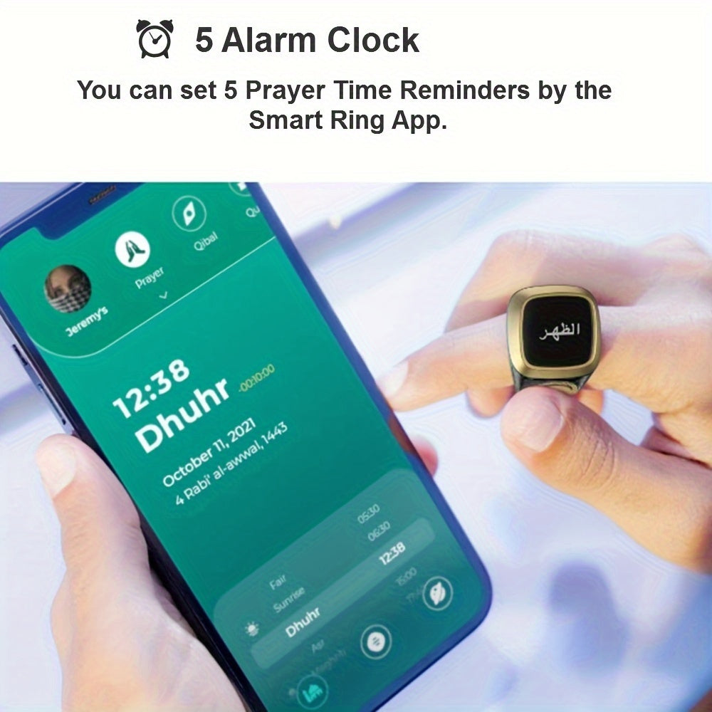 Prayer Smart Ring with counters, reminders, direction indicator, and OLED display; features Azan alarm, long battery life, and stylish design.