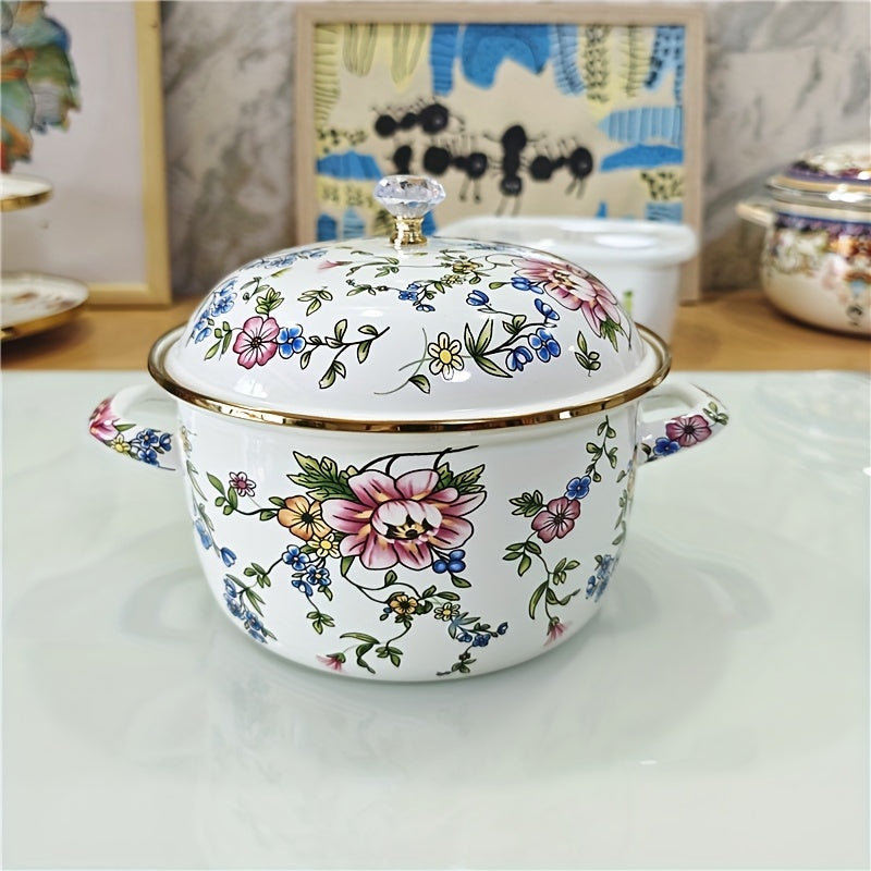 Enamel Stockpot with Lid, Floral Design and Double Handle Cooking Pot for Home Kitchen Soup, Stew, and Casseroles.