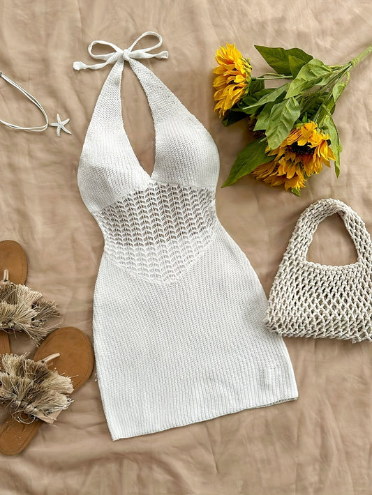 White halter tie neck backless cover up dress with a vacay style, knit fabric. Feminine swimwear and clothing for women.