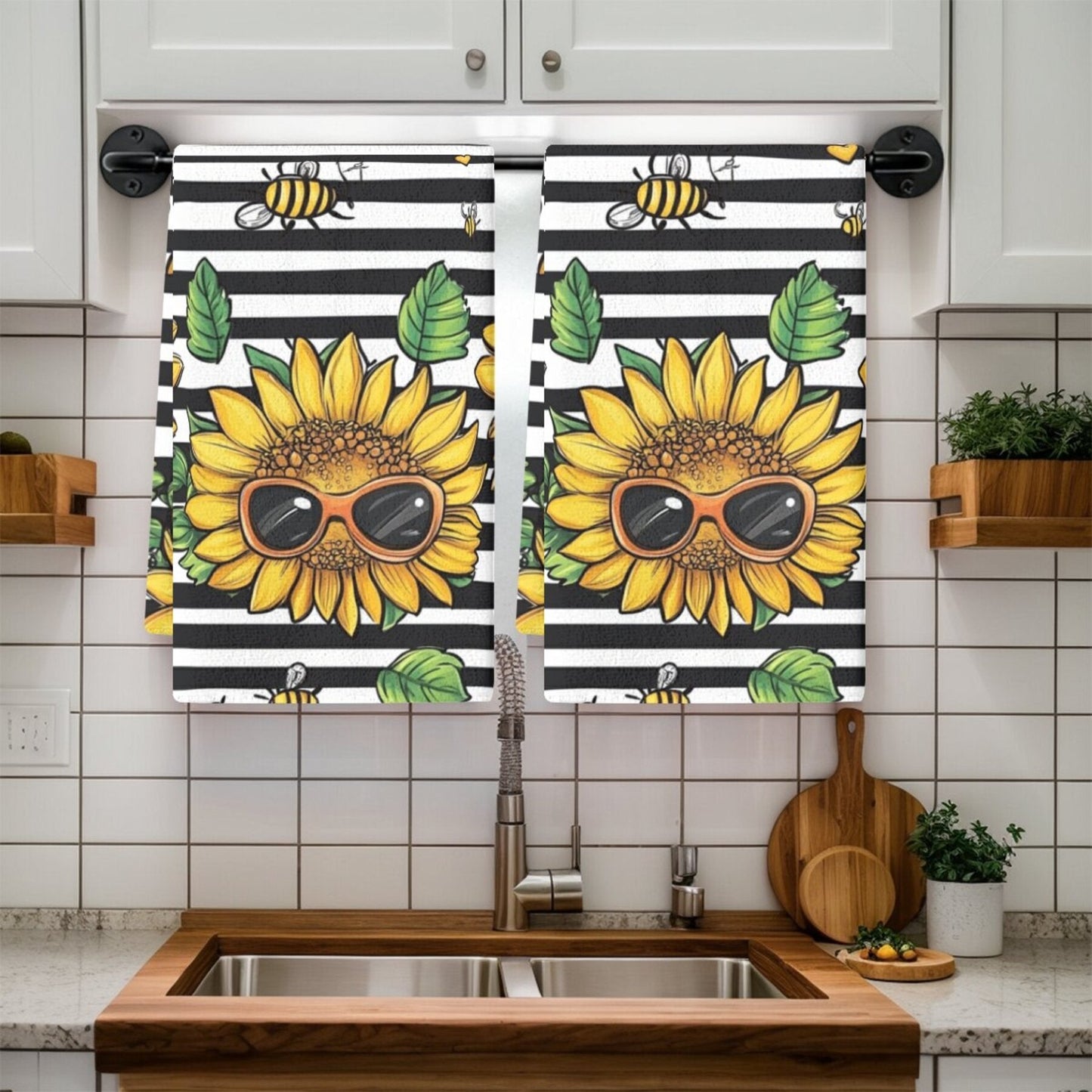 Two pieces of contemporary dish cloths featuring a sunflower pattern, made of woven polyester material. These oblong kitchen towels are designed with a floral theme and are suitable for hand wash only. Ideal for use in the kitchen.