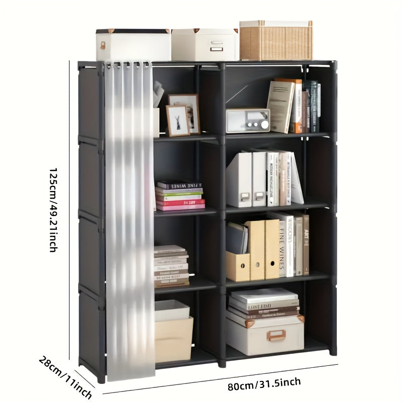 Simple to put together, this multi-layer storage organizer is made of metal and has dustproof shelving. It is perfect for use in bedrooms, classrooms, rentals, and dorm rooms. The freestanding closet system has over 3.2 cubic feet of enclosed storage