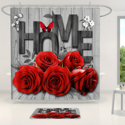 1 Romantic Rose and Butterfly polyester bathroom set includes a water-resistant floral shower curtain with 12 hooks, non-slip mats, a U-shaped bath rug, and round toilet lid cover. Machine washable and perfect for all-season home decor.