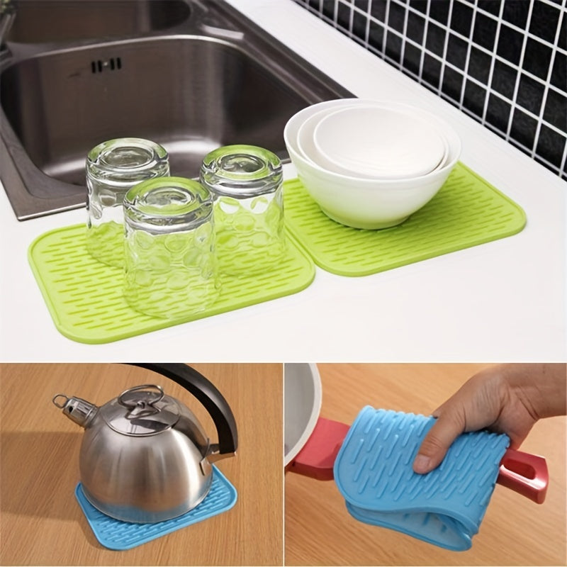 High-quality silicone drying mat for dishes, heat-resistant and non-slip, protects kitchen surfaces, versatile trivet, 21.59cm x 16.0cm, come in vibrant colors.