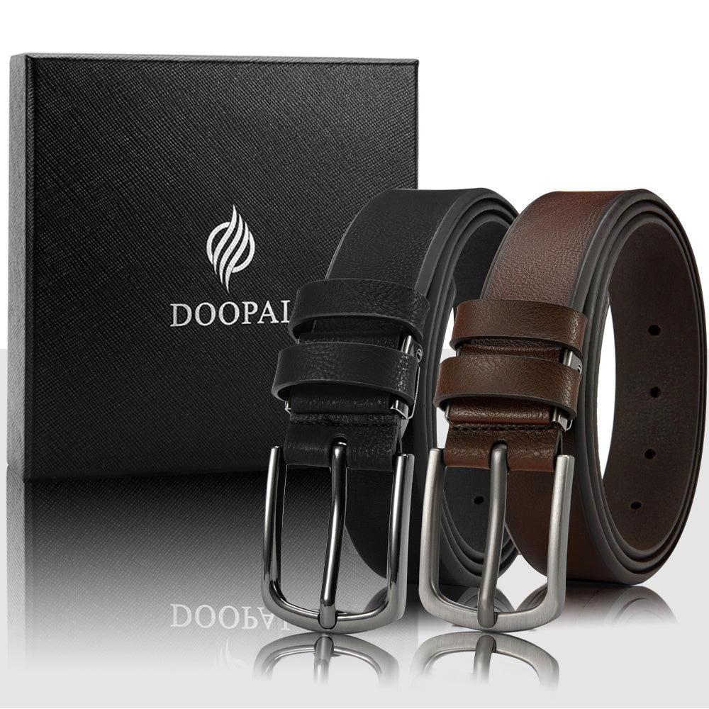 2 DOOPAI Men's Genuine Leather Belts - Adjustable 3.17cm Width, Classic Square Buckle, Ideal for Jeans & Dress Pants, Includes Gift Box - Black & Brown