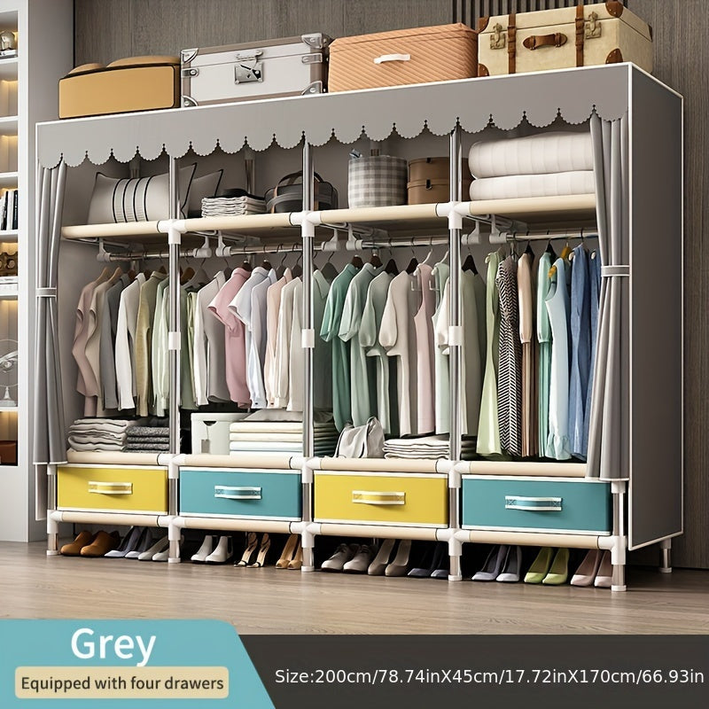 Sturdy Steel Pipe Wardrobe with 4 Drawers and 4 Hanging Clothes Poles for Convenient Clothing Storage. Solid Color Cloth Closet with Sleek Steel Frame and Simple Assembly of Drawers and Wardrobe. Easily Portable Closet Option.