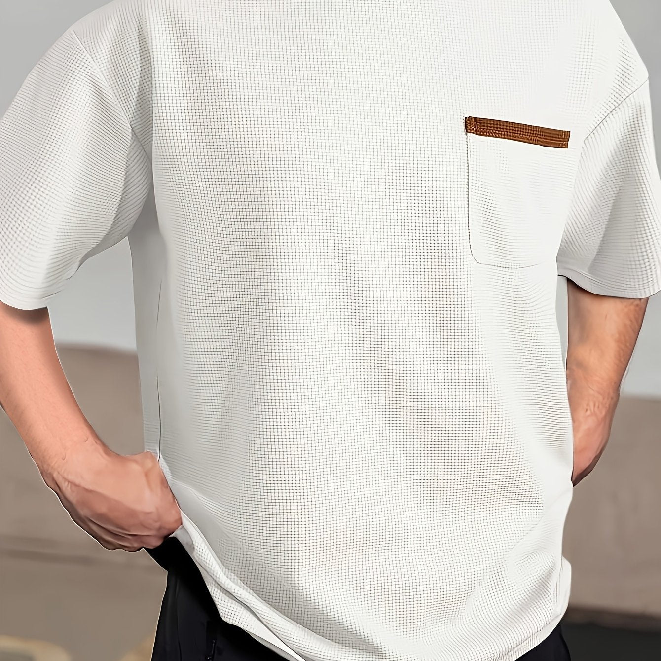 Men's Solid Color Casual Tee made of soft polyester, crew neck, short sleeve with chest pocket, machine washable, perfect for spring/summer/fall.