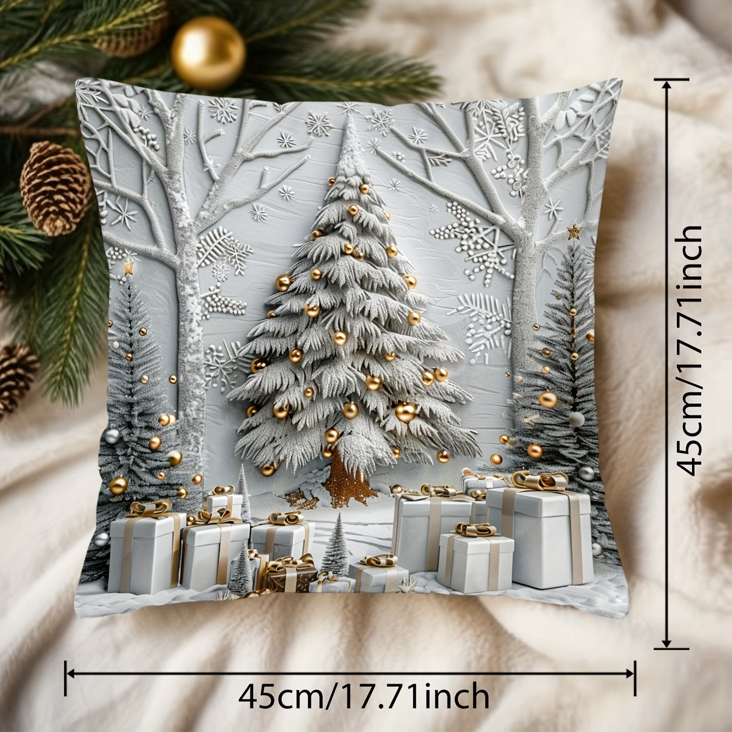 1pc Christmas Tree and Gifts Pattern Throw Pillow Cover, Contemporary Style, 44.96cm x 44.96cm, Zipper Closure, Hand Wash, 100% Polyester, Sofa Decor