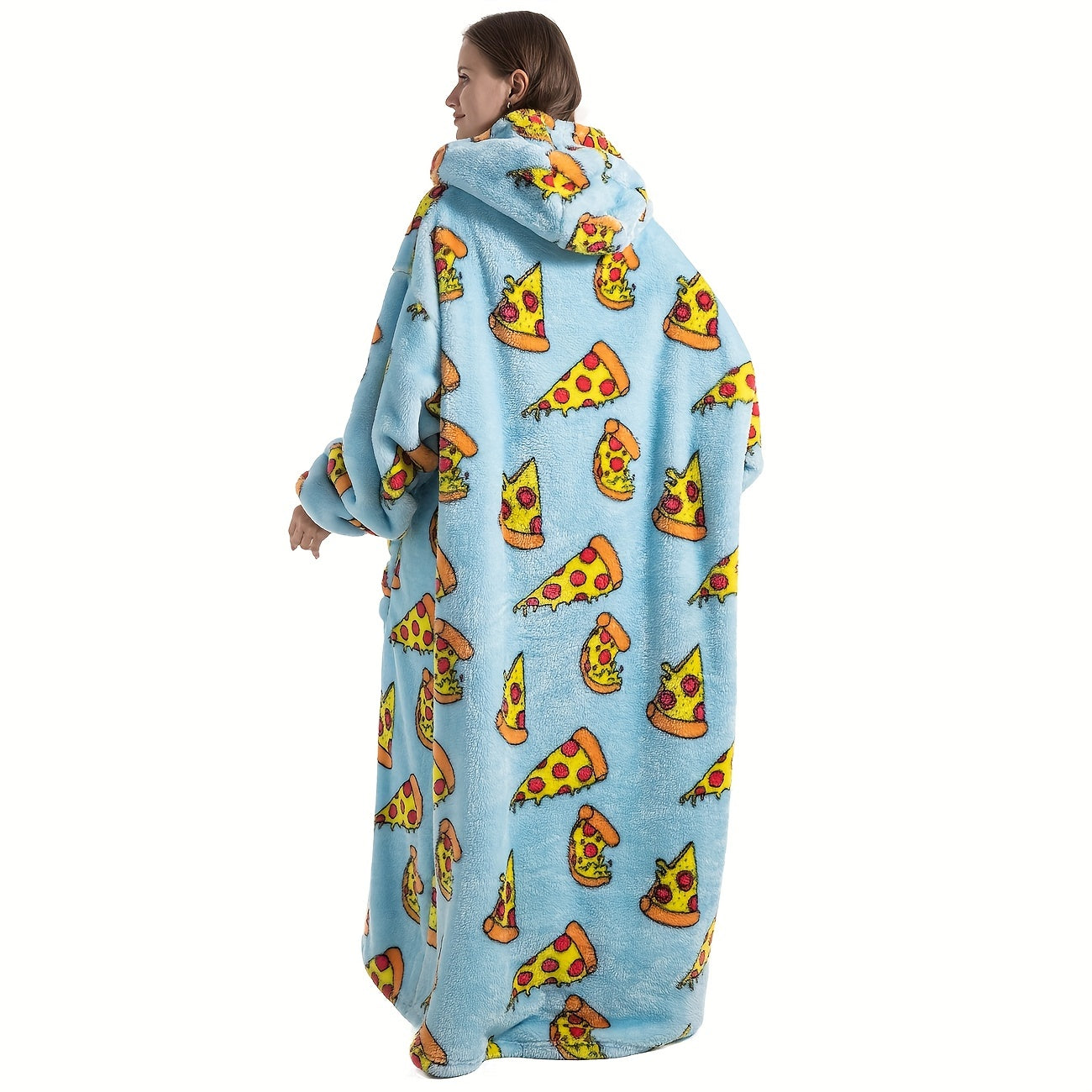 Stay warm and stylish in our oversized hoodie wearable blanket featuring a fun pepperoni pizza print. Made from super soft, warm polyester, this adult robe comes with a large front pocket for your convenience. Perfect for both men and women, this