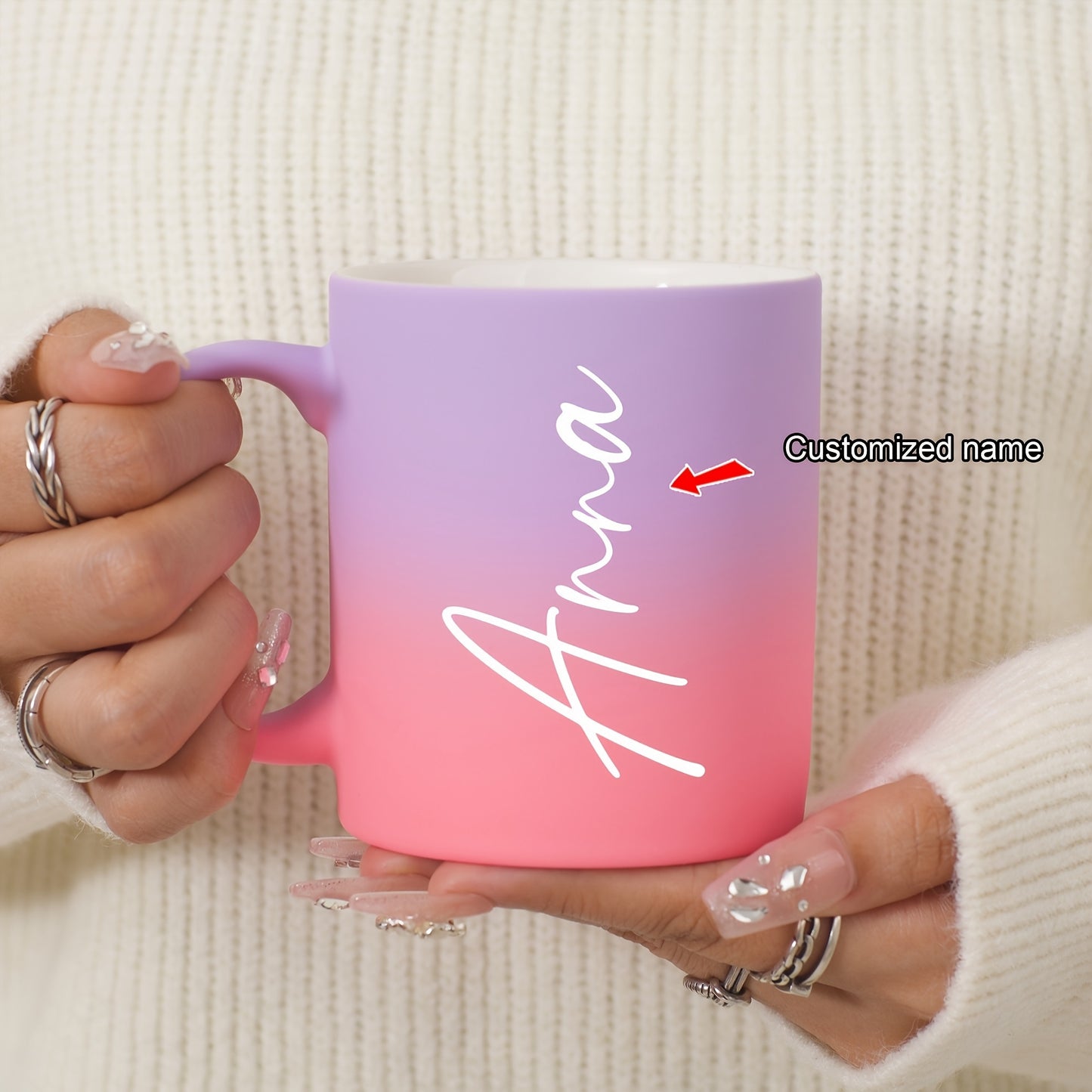 Custom 11oz ceramic coffee mug with personalized name, dishwasher and microwave safe. Perfect for drinks and gifting on birthdays or Valentine's Day for family, friends, and coworkers.