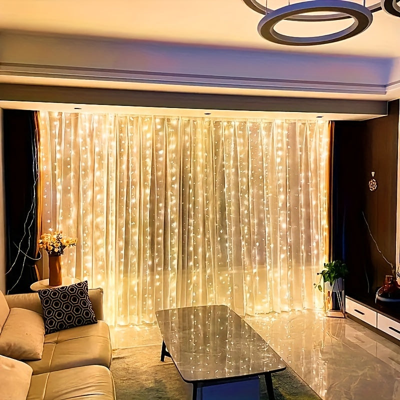 Fairy curtain lights with remote, USB-powered. 8 warm white LED modes for bedroom, indoor decor, weddings & parties.