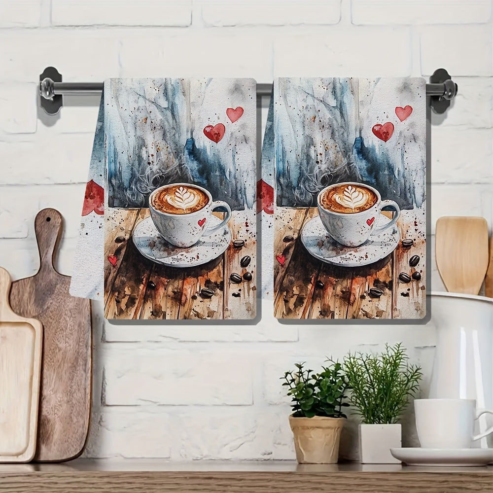 Set of 2 Ultra Soft Polyester Kitchen Towels featuring a Coffee Lover's Dream Design with Heart & Latte Art, Highly Absorbent & Machine Washable Dish Hand Towels, 40.64x60.96 cm - Ideal for Valentine's Day Decor, Coffee Lover Gift | Romantic Towel Design