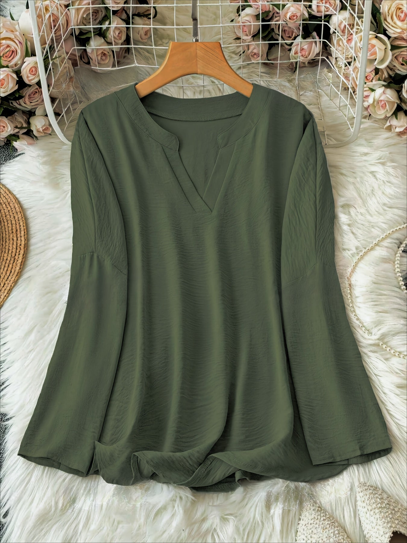 100% Polyester Loose Long Sleeve Blouse with V-Neck and Drop Shoulder - Middle-eastern Style Shirt for Women, Ideal for Spring/Fall Casual Wear.