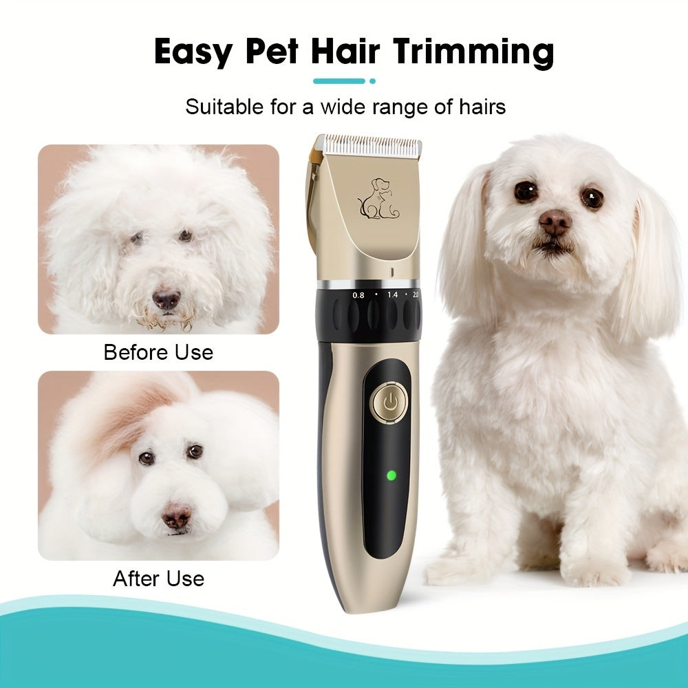 Electric pet hair trimmer with removable blade and rechargeable battery.