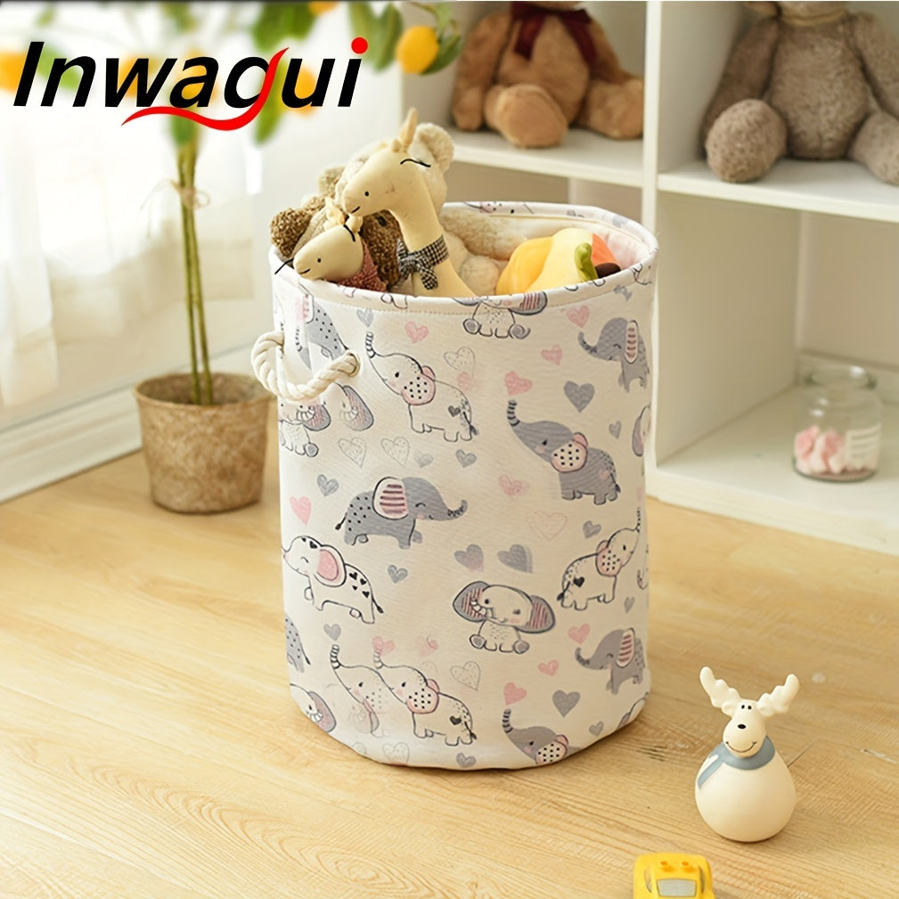 Large foldable laundry hamper with cute animal design, made of thick fabric. Features drawstring lids and can be used as a storage bin for clothes, toys, and other items in the nursery or home. A stylish and practical organizer.