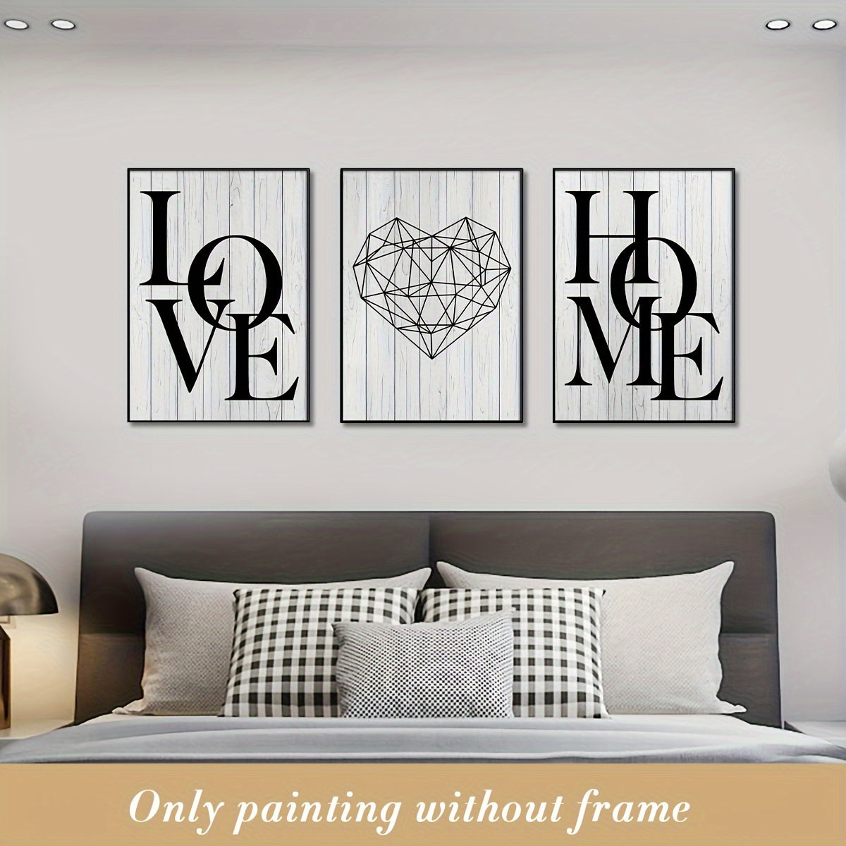 Scandinavian Love & Home Canvas Art Set: 3 Frameless Black and White Prints with Geometric Heart Design, Ideal for Modern Living Room Decor.