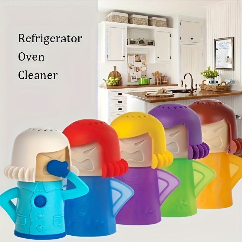 The Angry Mom Steam Cleaner is perfect for ovens and microwaves, making kitchen appliance cleaning a breeze. It is safe to use on fridges, requires no batteries, and comes in four vibrant colors: blue, green, purple, and yellow.