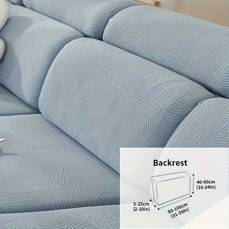 Jacquard sofa slipcover with universal fit and elastic design for furniture protection and home decor in any room.