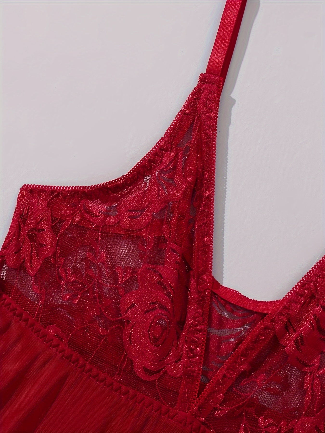 Red lace and mesh slip dress with thong set - featuring V-neck with bow detail, semi-sheer polyester blend, hand washable lingerie.