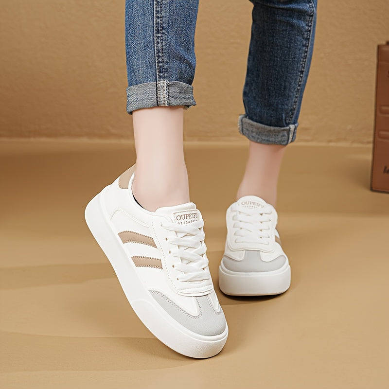 Breathable Lace-Up Cap Toe Sneakers with Korean Style Stripes for Women - All-Season Fashion Shoes with PVC Sole and Non-Woven Insole