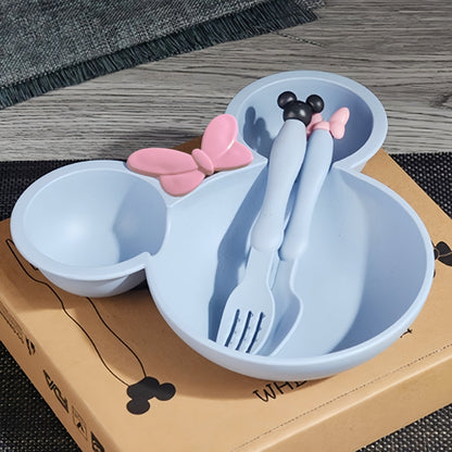 3PCS Cartoon Shaped Training Bowl with Divided Bowl, Snack Plate, and Cutlery Set. Includes 1 Bowl, 1 Spoon, and 1 Fork. Dishwasher safe, non-toxic, BPA free. Ideal for kitchen and tableware.