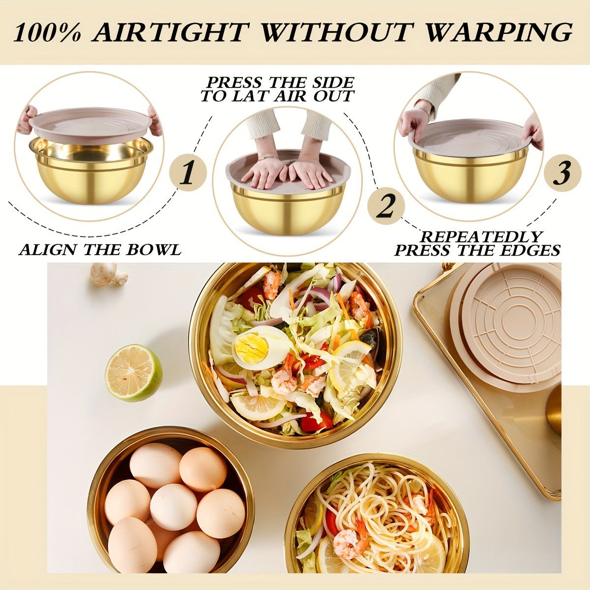 Stainless steel mixing bowl set in gold with lids in white, black, and khaki. Ideal for Christmas serving, baking, preparation, cooking, and serving food. Nested design saves space, dishwasher safe. Available in various sizes from 500ml to 4000ml.