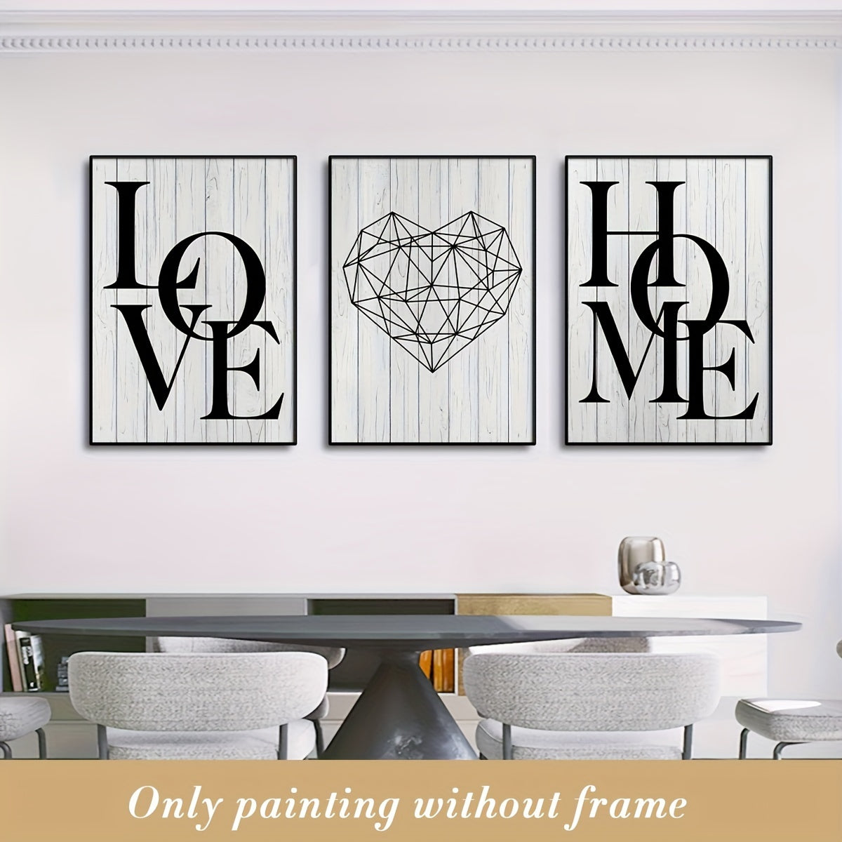 Scandinavian Love & Home Canvas Art Set: 3 Frameless Black and White Prints with Geometric Heart Design, Ideal for Modern Living Room Decor.