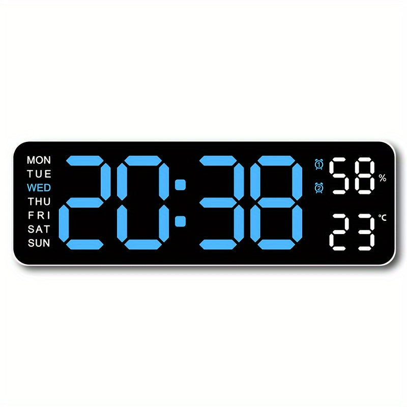 RIDAHOME LED clock with large display, temperature, humidity, and weather icons. USB powered, wall-mountable for home and office decor.