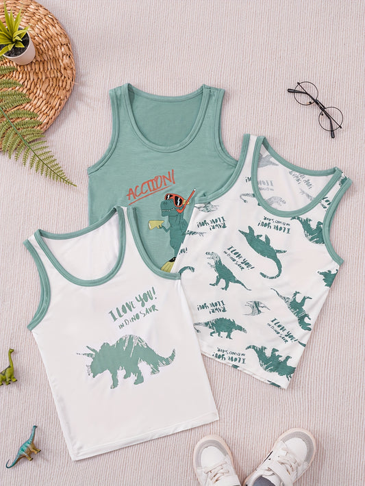 Three cool green vests for children with dinosaur prints, made from breathable and skin-friendly materials. Stylish, resistant to pilling, fading, and deformation. Keep away from fire