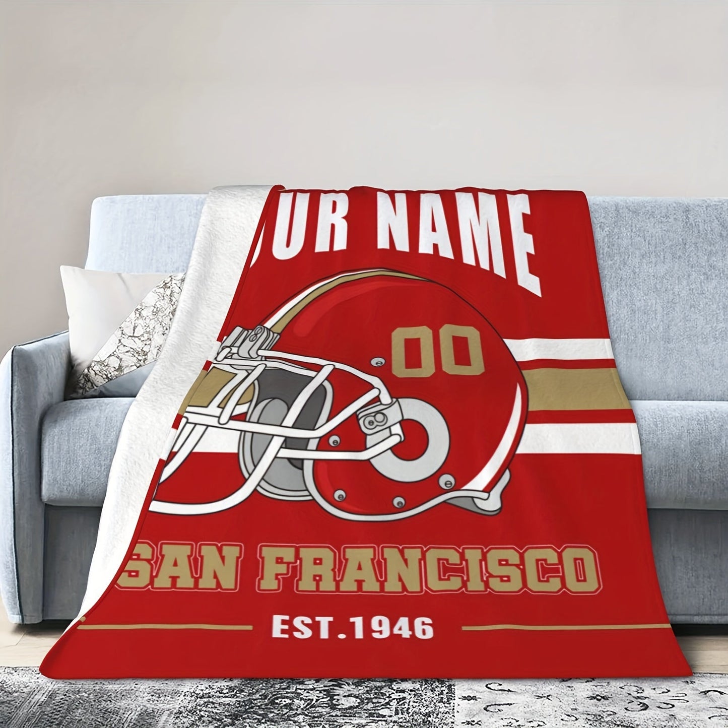 Personalized San Francisco Football Blanket - Customizable Name Throw for Bed or Sofa, Soft and Cozy Flannel Travel Blanket, Rectangular Polyester Woven Design, No Electricity Required, Perfect Home and Kitchen Decor for Football Fans of All Ages.