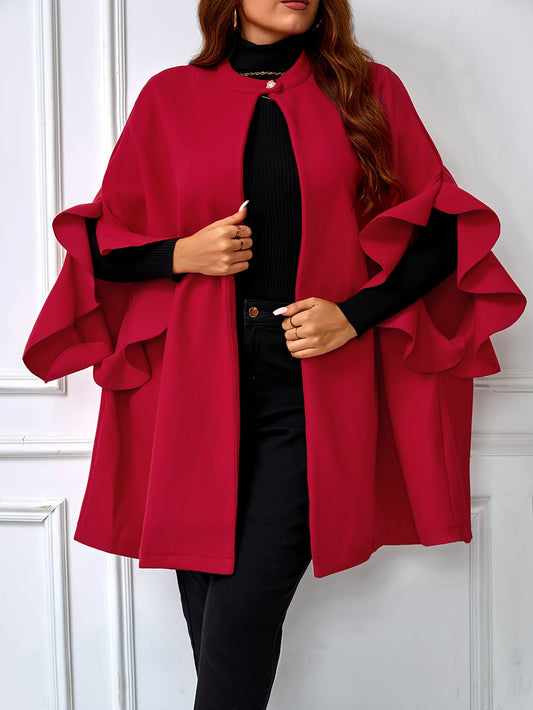 Elegant plus size red cape coat with ruffle sleeves, Crew neck outerwear made of polyester blend with slight stretch. Solid color woven cape suitable for all seasons.