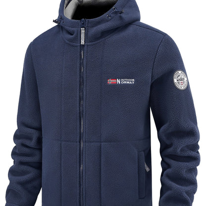 Men's fleece jacket with hoodie, zipper pockets, warm and windproof for outdoor sports in autumn and winter.