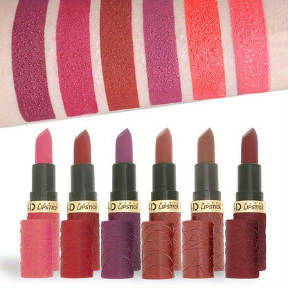 Set of 6 new foreign trade matte lipstick in modern brown-red, long-lasting formula. Includes 12 shades of nude bean paste.