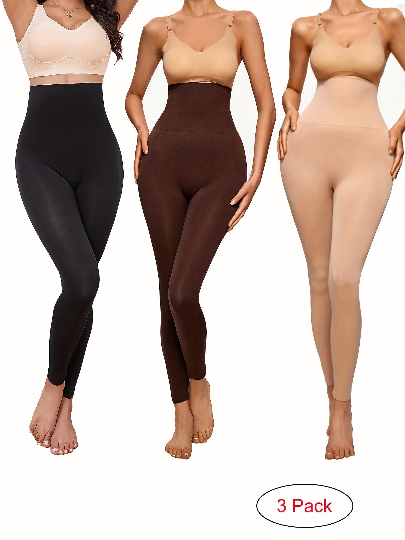 3 high waist shaping leggings for women in black, beige, and brownish-orange. Made of a lightweight, stretchy nylon/elastane blend for a slimming, comfortable fit.