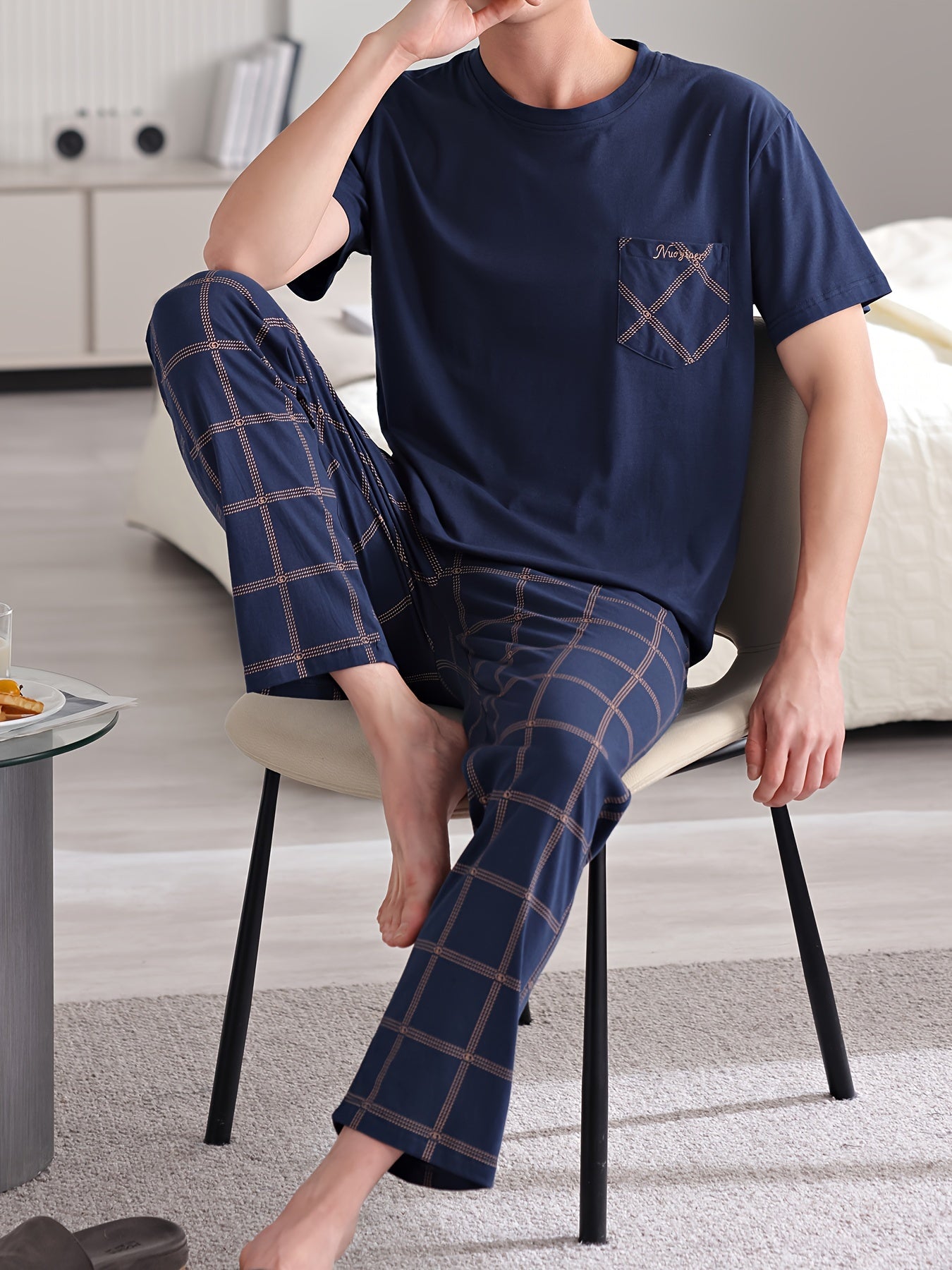 Men's Plus Size 2-Piece Cotton Pajama Set with Short Sleeve Shirt & Plaid Print Trousers, Cozy and Skin-friendly Loungewear