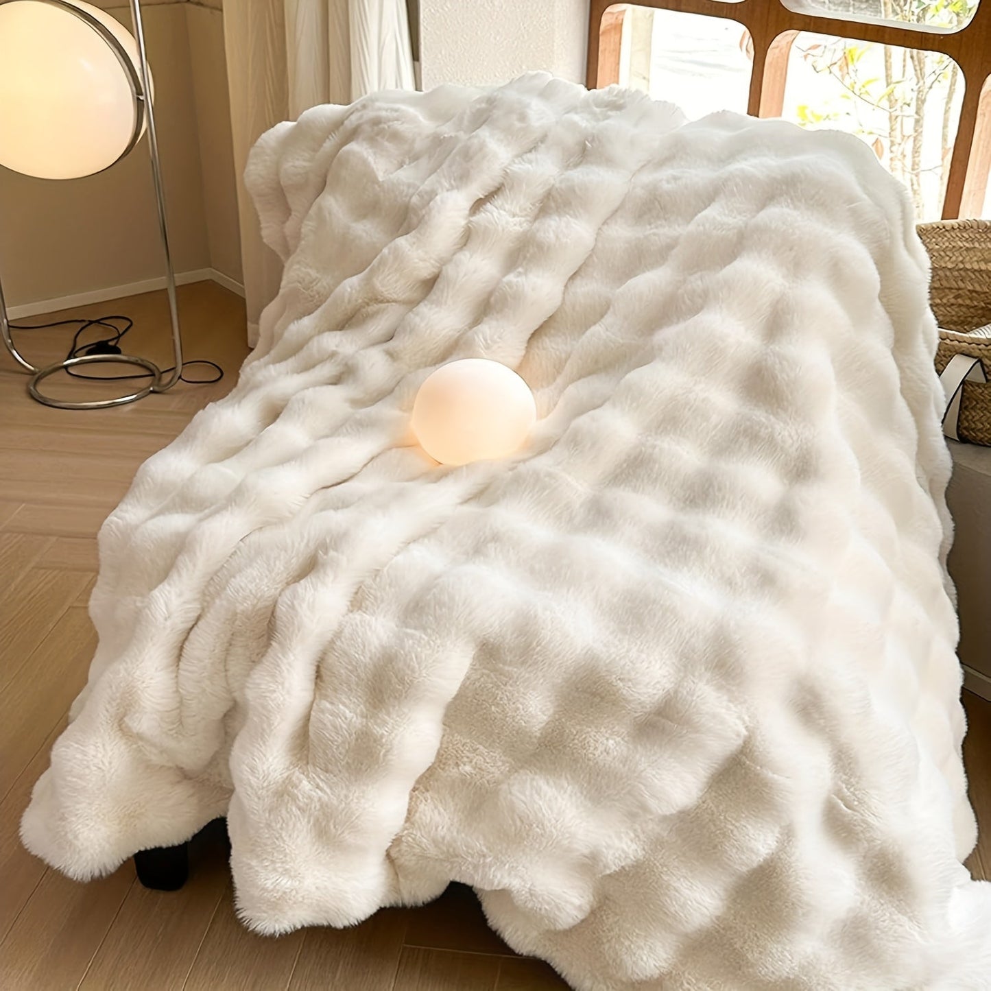 Get cozy with this versatile 1pc Double-sided Rabbit Fleece Blanket. Made with soft faux fur plush material, this solid color blanket is perfect for keeping warm on the couch, sofa, office, bed, camping, or travel. It also makes a great multi-purpose