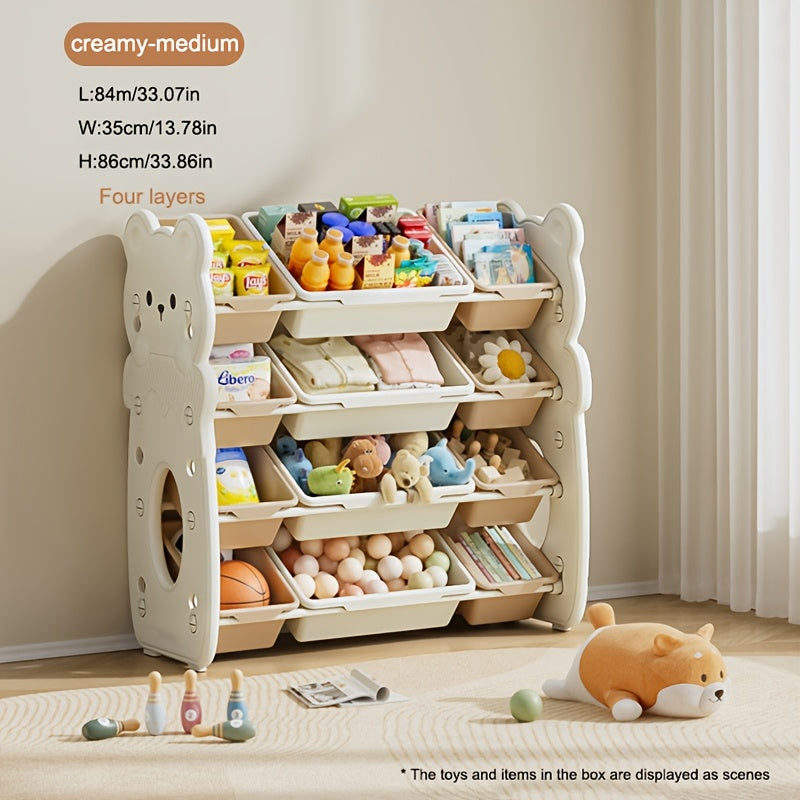 3-tier storage organizer with bins for toys, books, and clothes. Ideal for playroom and bedroom.