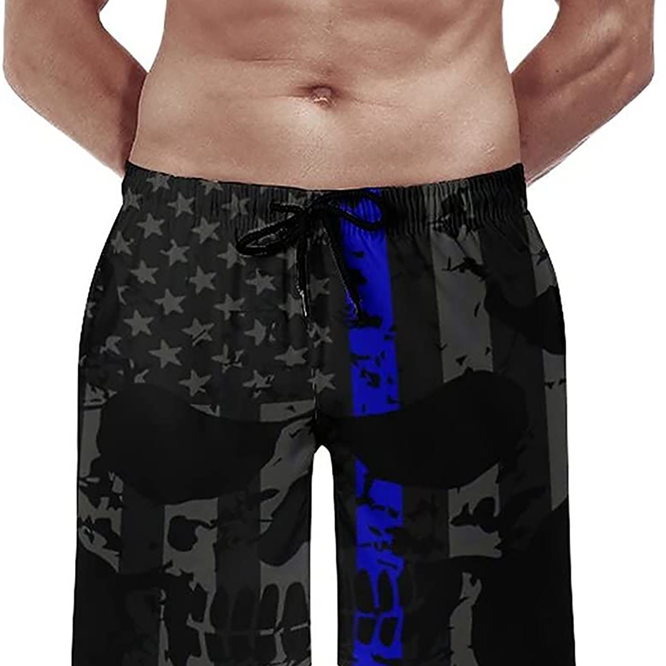 Quick-dry swim trunks for men with American flag design, drawstring, pockets, and in plus size.