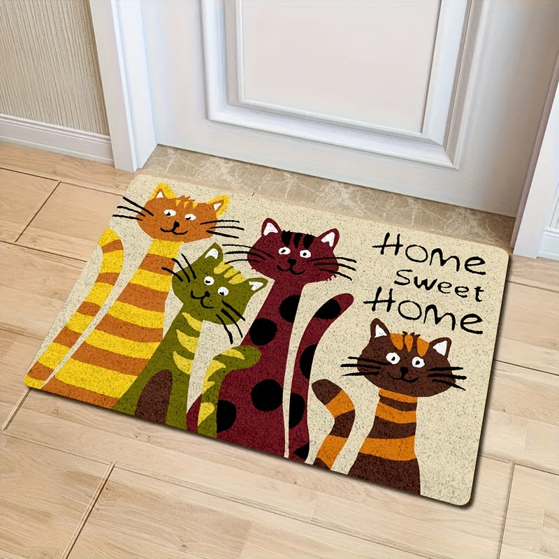 Adorable Cartoon Cats Doormat - Featuring Machine Washable Polyester Material and Non-Slip Backing - Stylish Flower Pattern Ideal for Living Room or Bedroom Décor