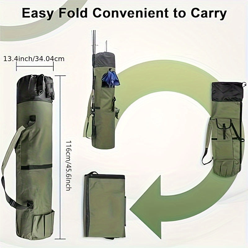 Durable, large waterproof green fishing rod bag with drawstring closure.