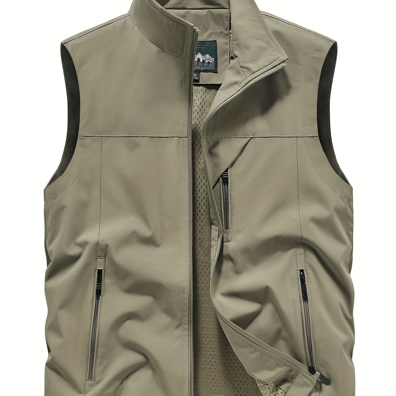 Men's sleeveless jacket with zipper pockets, stand collar vest for outdoor activities in spring, summer, and fall.