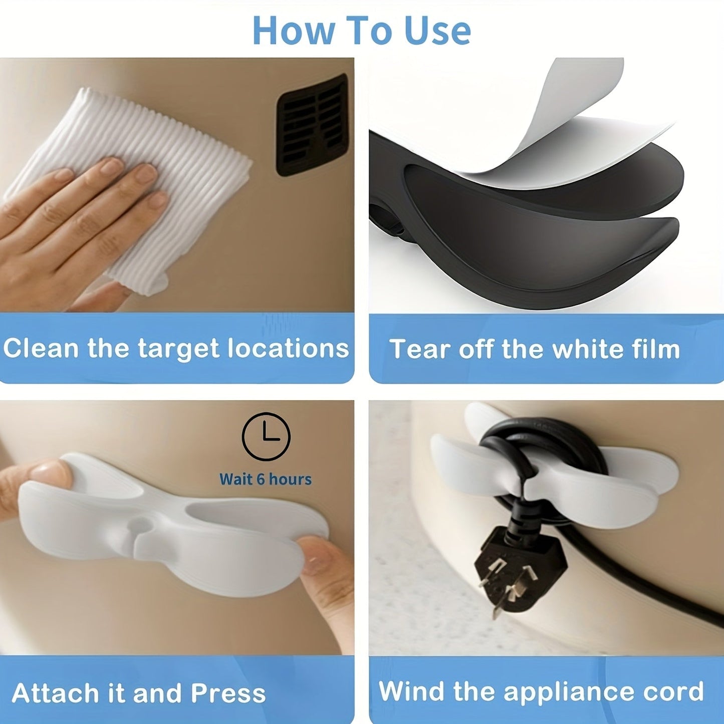 Organize cords for kitchen appliances with this set of 6 silicone cord organizers. Stick-on wire wraps are perfect for mixers, coffee makers, and pressure cookers. Compatible with both curved and flat surfaces, and can be used with Nano Tape. Non-food