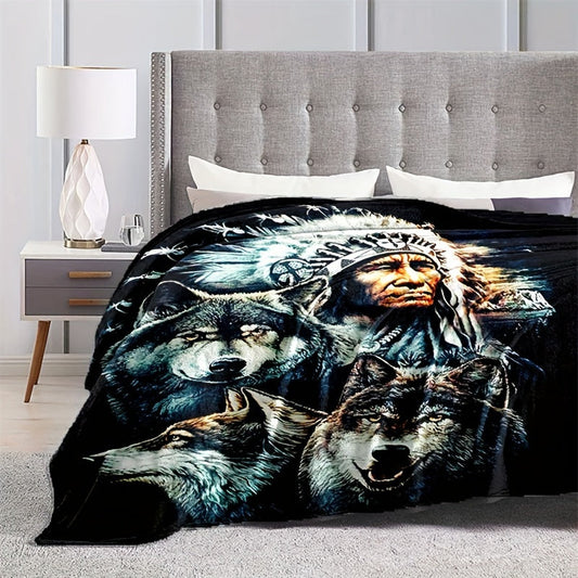 1 piece of retro Indian and wolf pattern printed blankets, with flange detail and made from soft, warm fabric perfect for using on sofas, in offices, or on beds while camping. These blankets are versatile and can be used as NAP blankets, making them a