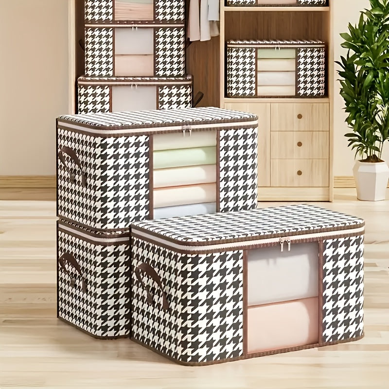 Chic houndstooth linen storage box with dustproof zippered design and clear viewing window for organizing car interior accessories and home items.