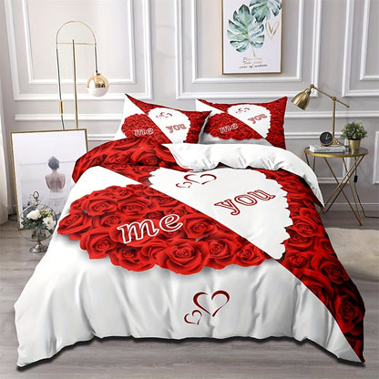 Red Rose Duvet Cover Set with 2 Pillowcases - Soft and Suitable for All Seasons