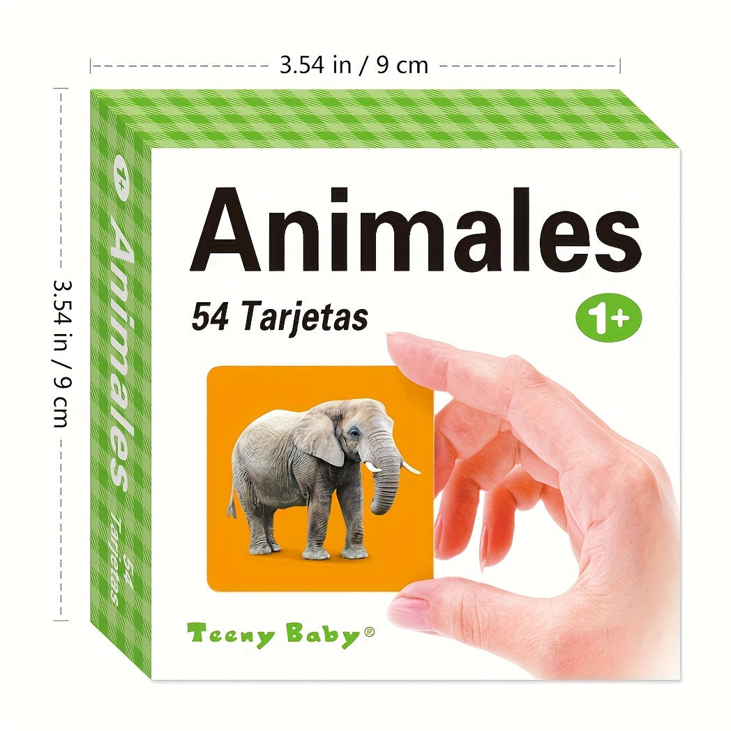 54 Spanish children's animal word learning cards with corresponding image cards, featuring small animals and rounded corners for safety.